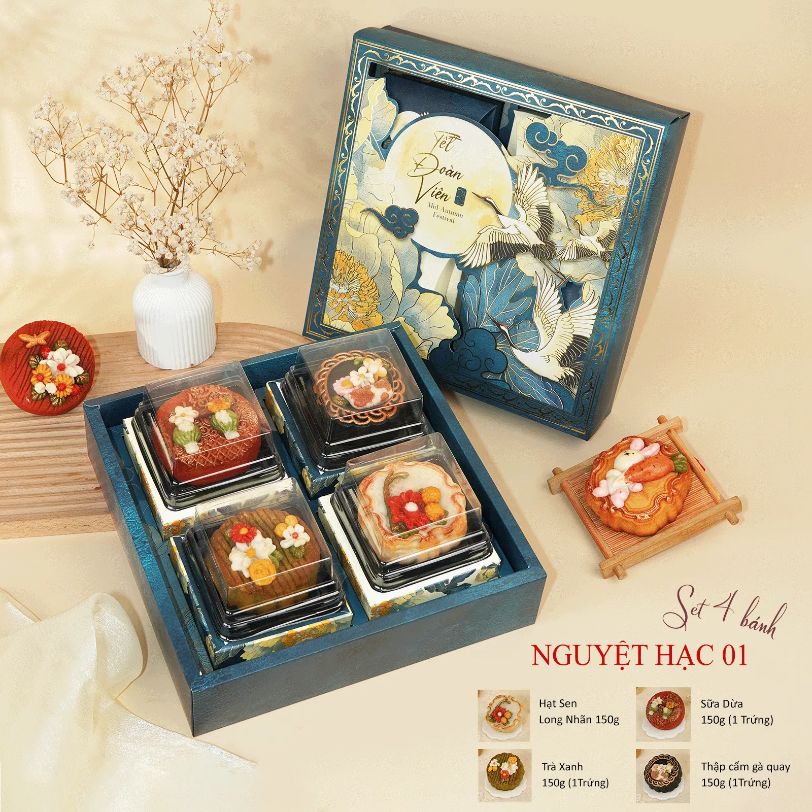 [Bánh Handmade - HSD 20 Ngày] Hộp Quà Trung Thu Hoa Nổi Hiện Đại, Ít Ngọt, Nguyệt Hạc 4B Cao Cấp DL0081
