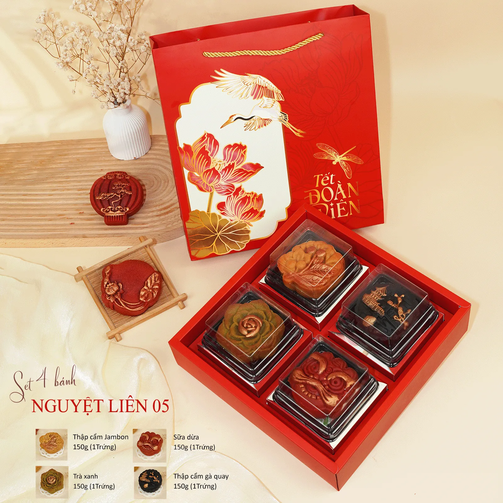 [Bánh Handmade - HSD 20 Ngày] Set Quà Trung Thu Nguyệt Liên 4B, Hoa Nổi Hiện Đại, Giảm Ngọt DL0080