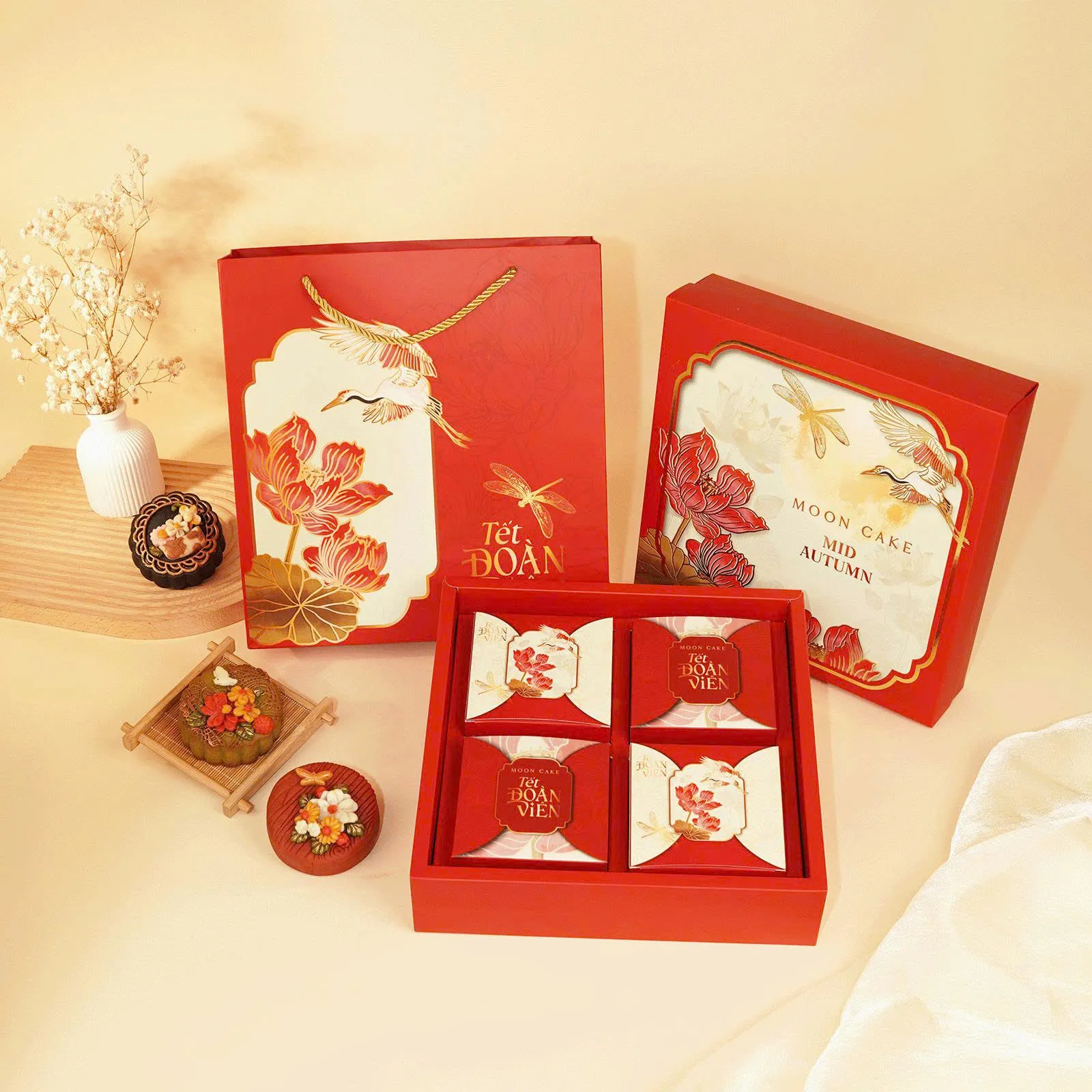 [Bánh Handmade - HSD 20 Ngày] Set Quà Trung Thu Nguyệt Liên 4B, Hoa Nổi Hiện Đại, Giảm Ngọt DL0080
