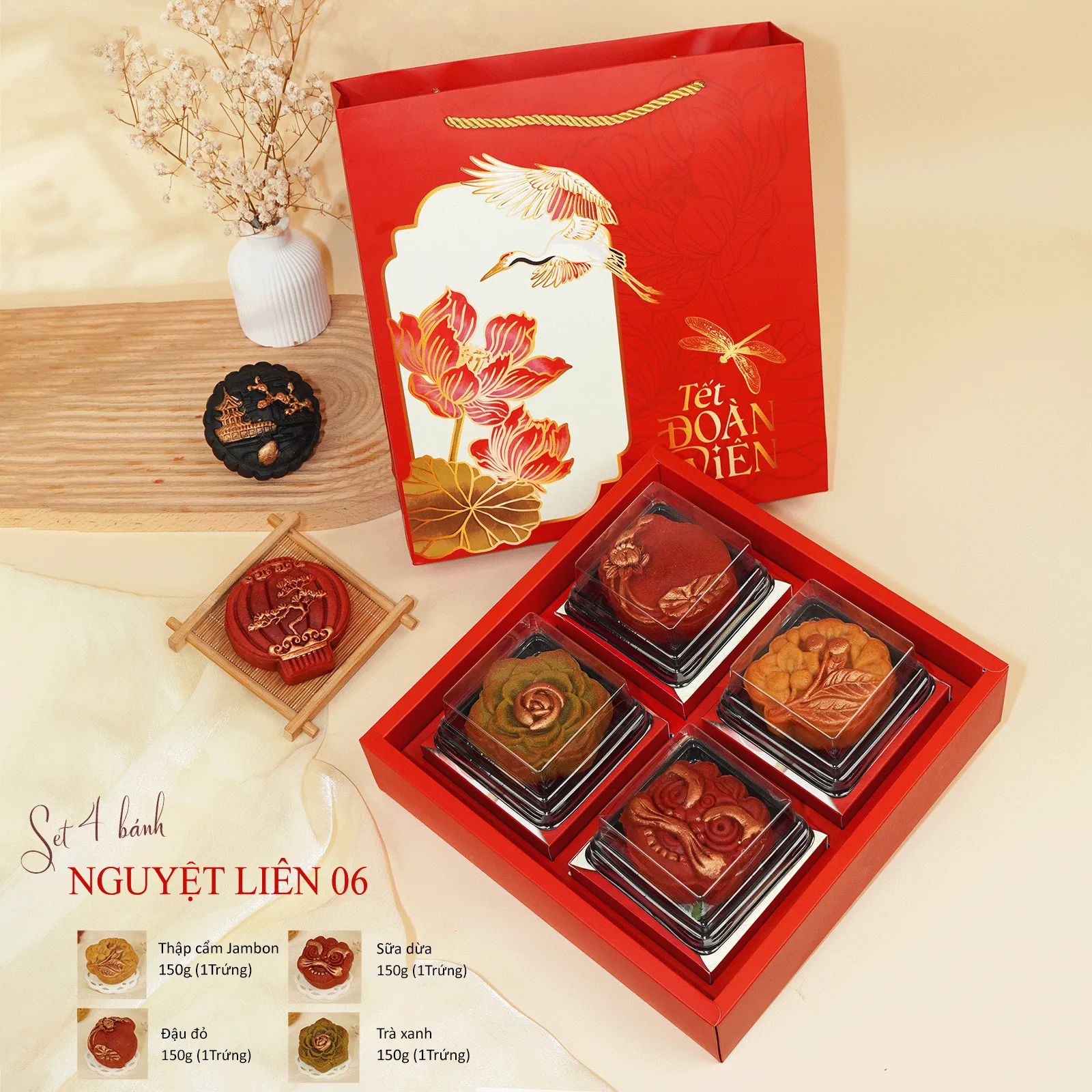 [Bánh Handmade - HSD 20 Ngày] Set Quà Trung Thu Nguyệt Liên 4B, Hoa Nổi Hiện Đại, Giảm Ngọt DL0080