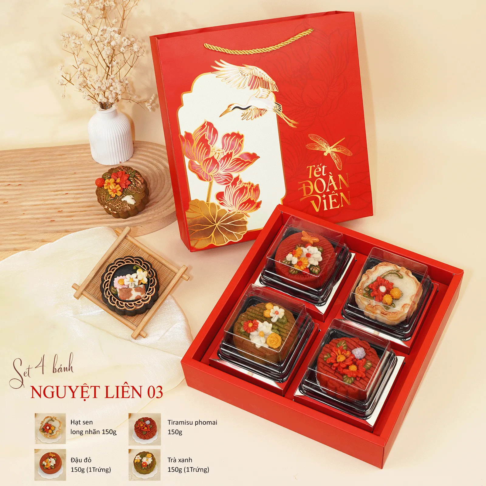 [Bánh Handmade - HSD 20 Ngày] Set Quà Trung Thu Nguyệt Liên 4B, Hoa Nổi Hiện Đại, Giảm Ngọt DL0080