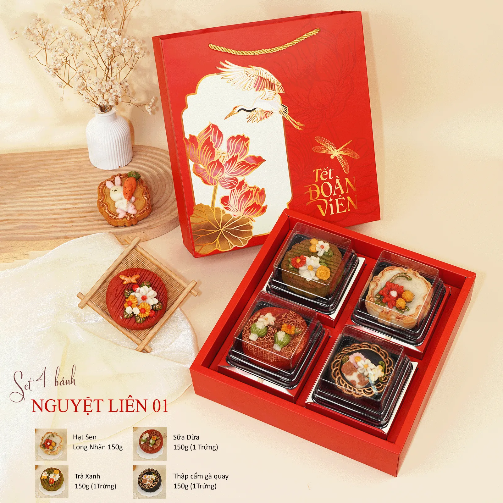 [Bánh Handmade - HSD 20 Ngày] Set Quà Trung Thu Nguyệt Liên 4B, Hoa Nổi Hiện Đại, Giảm Ngọt DL0080