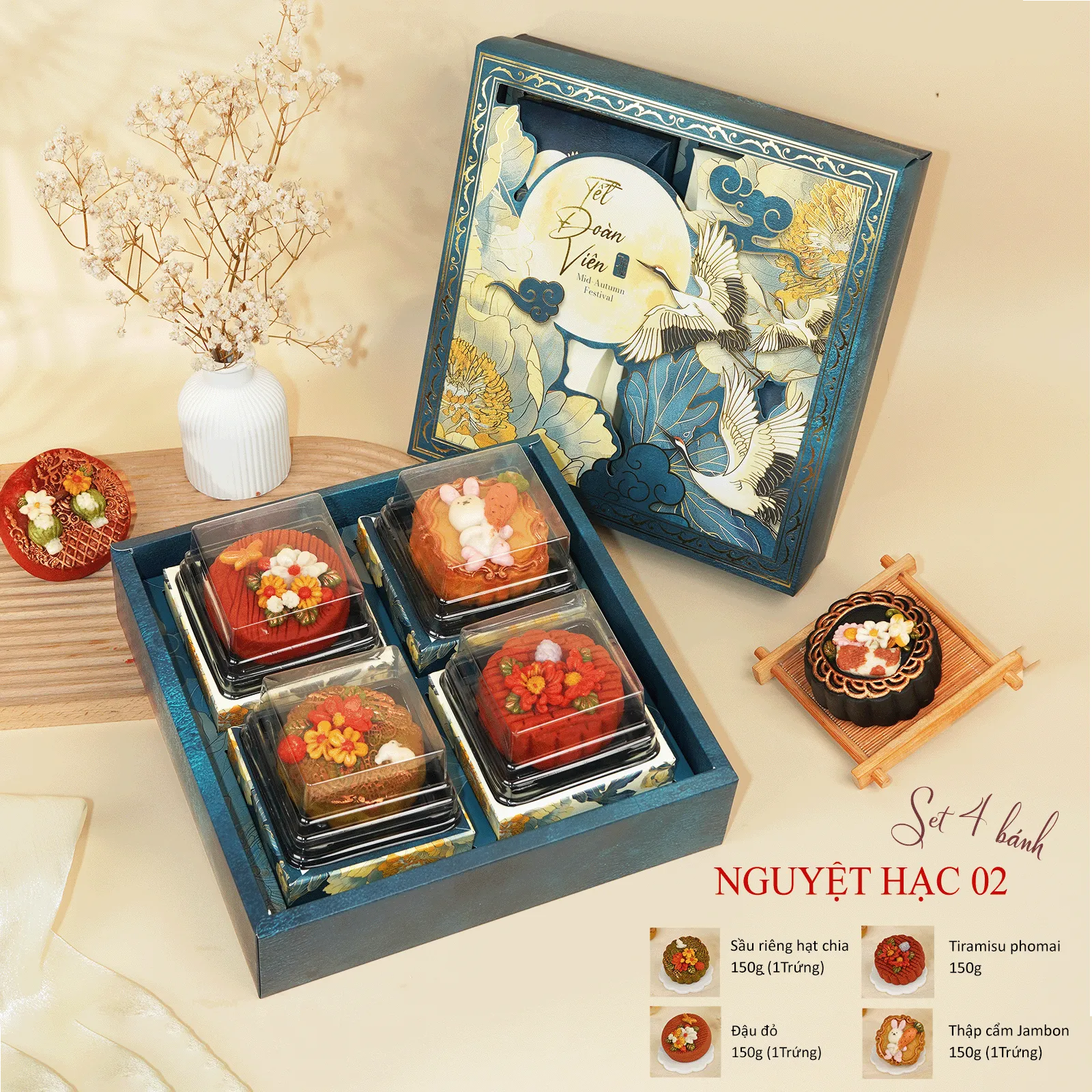 [Bánh Handmade - HSD 20 Ngày] Hộp Quà Trung Thu Hoa Nổi Hiện Đại, Ít Ngọt, Nguyệt Hạc 4B Cao Cấp DL0081