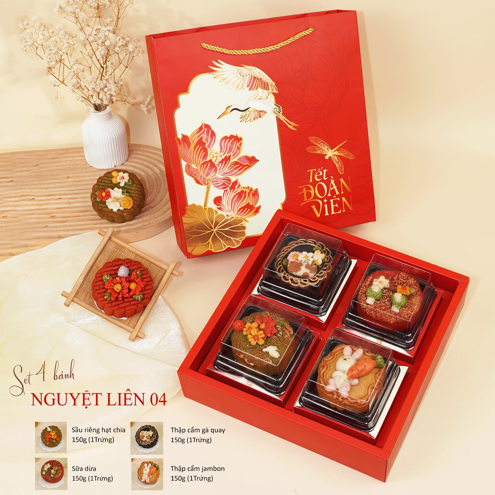 [Bánh Handmade - HSD 20 Ngày] Set Quà Trung Thu Nguyệt Liên 4B, Hoa Nổi Hiện Đại, Giảm Ngọt DL0080